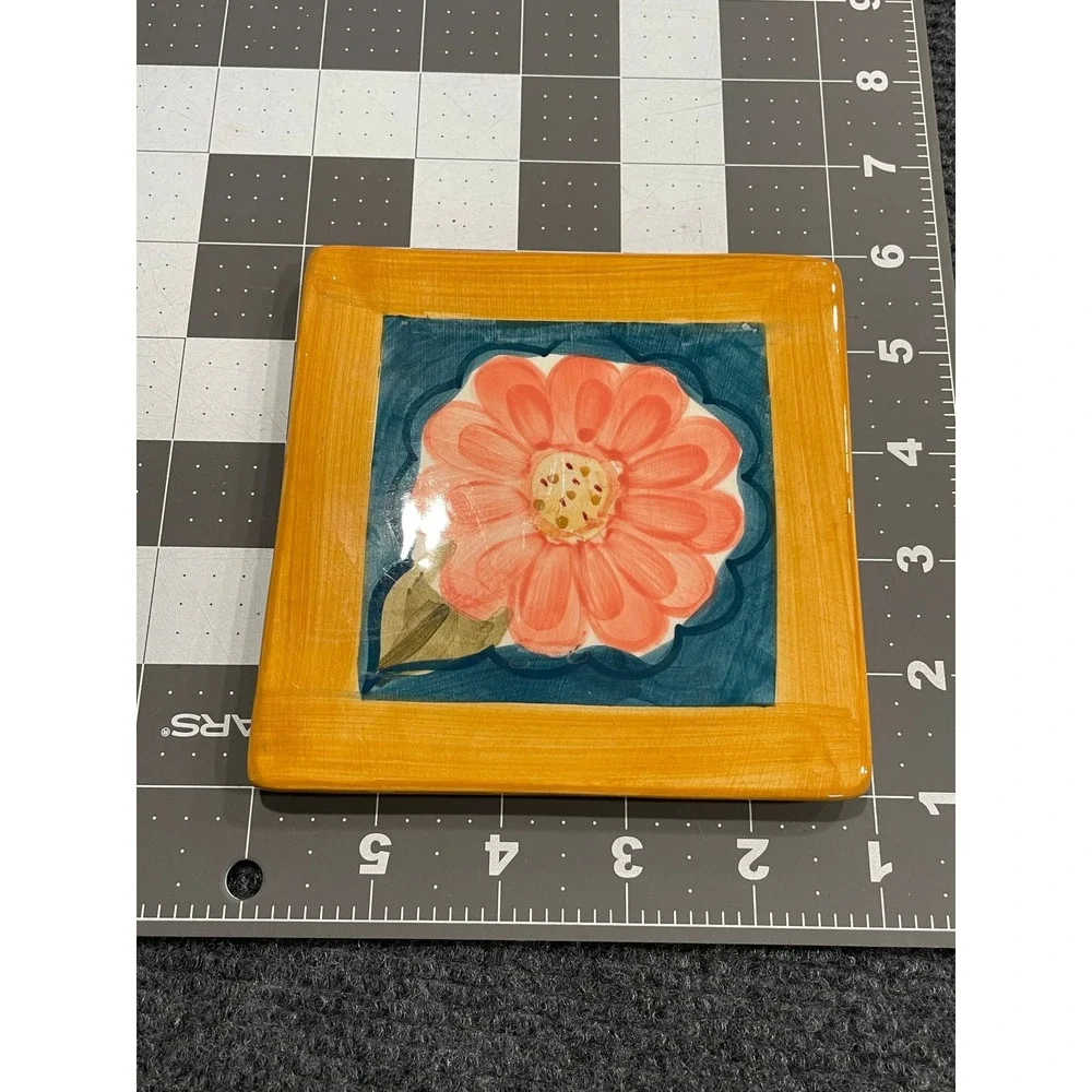 Certified International CIC Ceramic Floral Coasters Set of 4 Zinnia Pink Teal